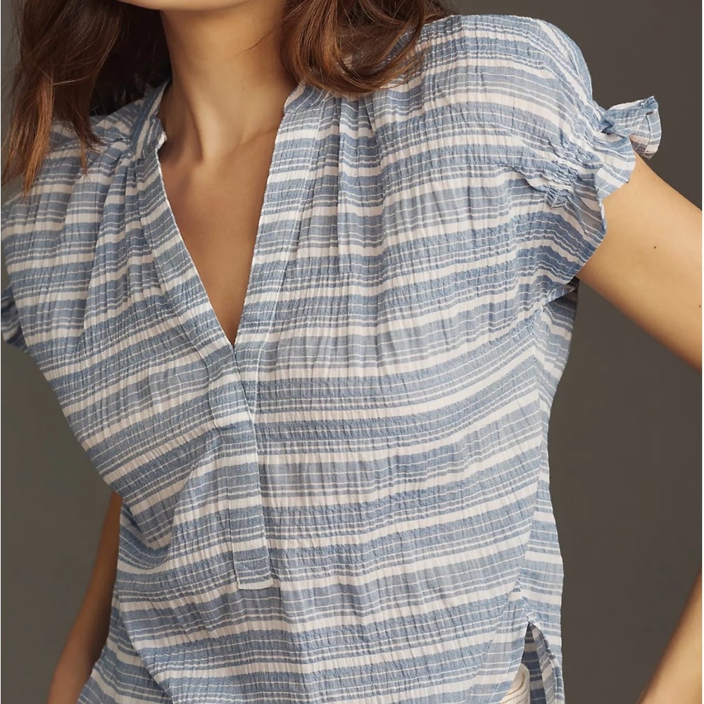 Anthropologie Pilcro Flutter Sleeve Blue Striped Top • XS (Fits S/M)
